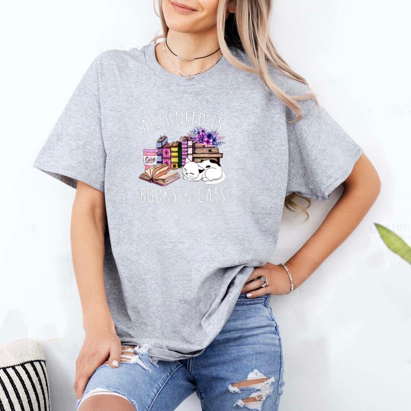 Women All I Need Is Books And Cats Cat Lover Kitten Reading T-Shirt - Image 2